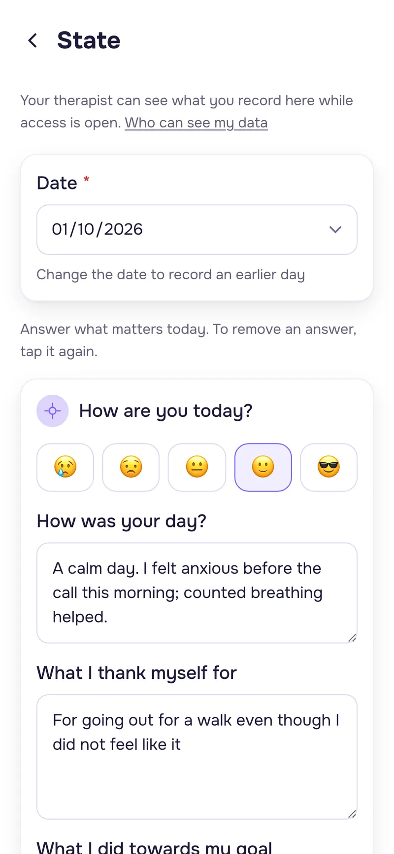 Diary card in the client app