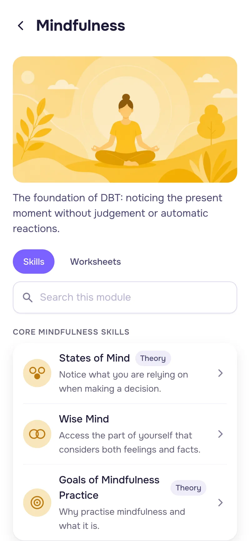Mindfulness module skills in the app