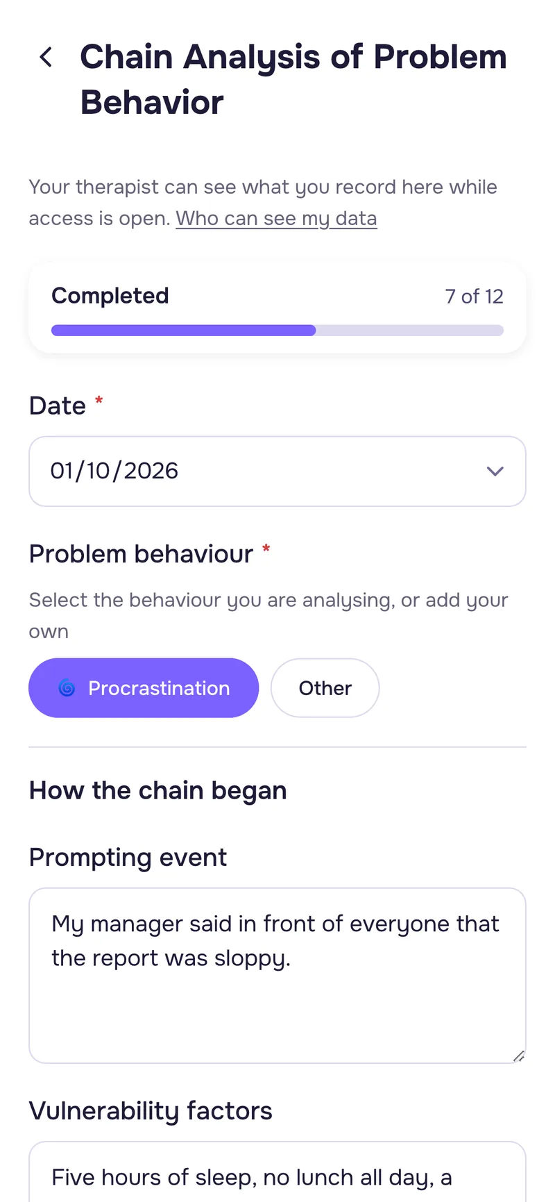 A client filling in a worksheet in the app