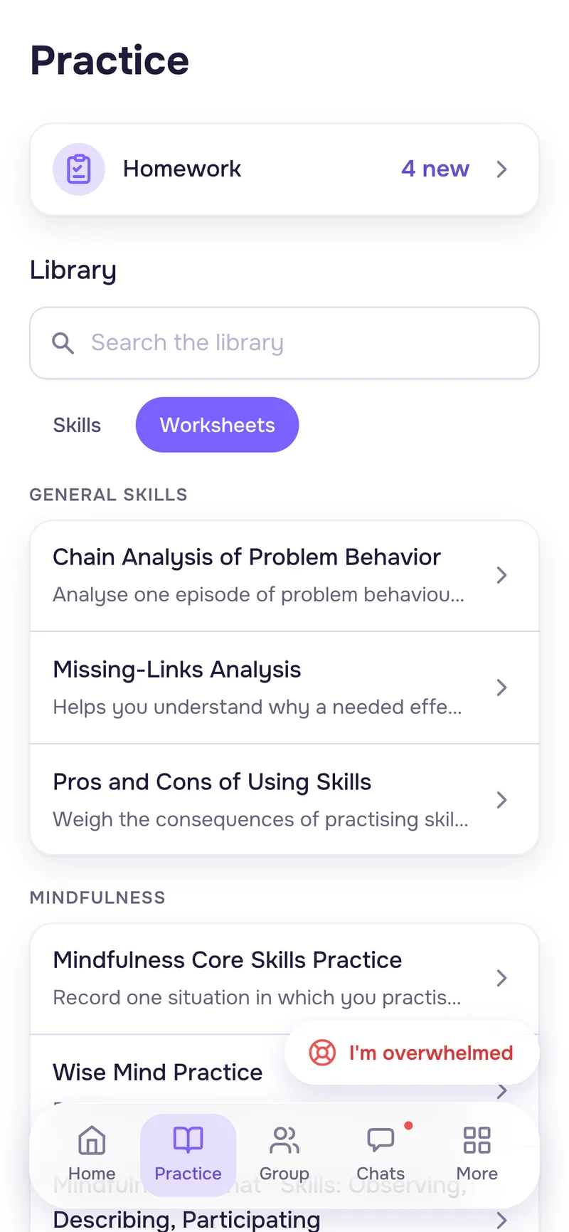 Worksheet list in the app