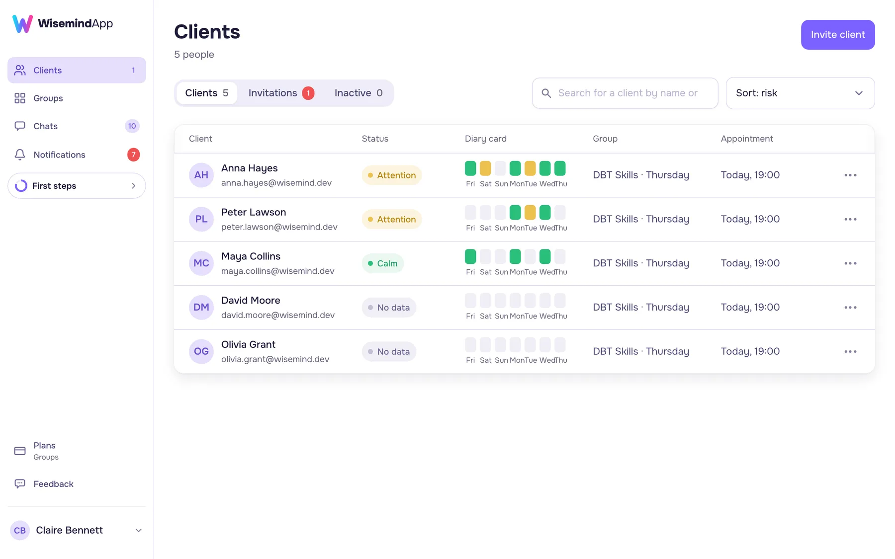 Client list in the clinician dashboard