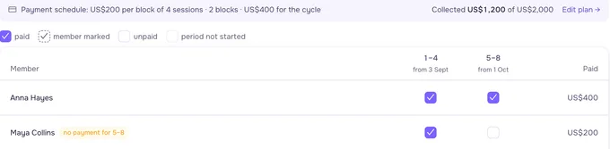 Payment tracking for group members