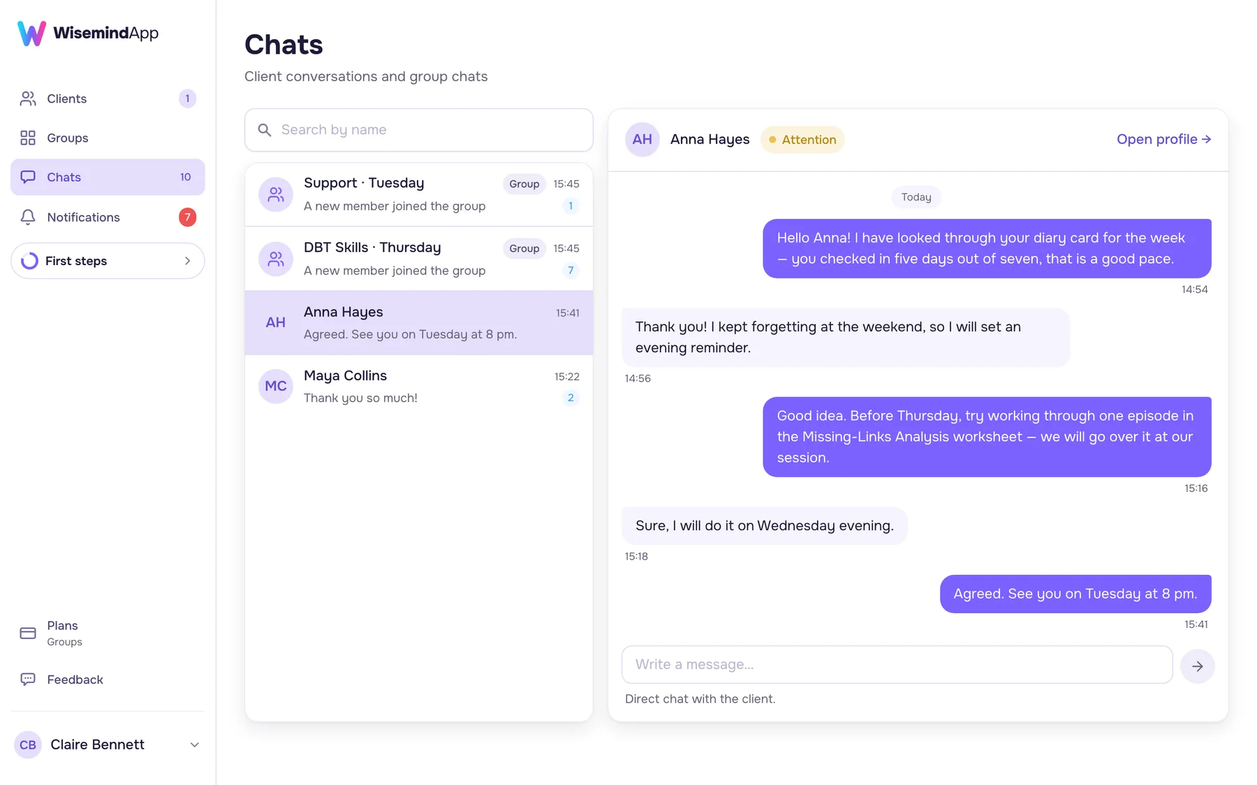 Messages with clients in the clinician dashboard