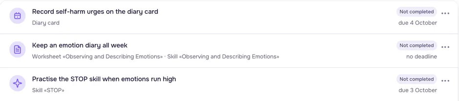 Homework list in the clinician dashboard